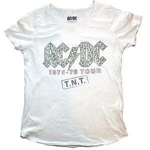 ACDC T.N.T. 1975-76 Tour Graphic T-Shirt Leopard Print White Mens Medium